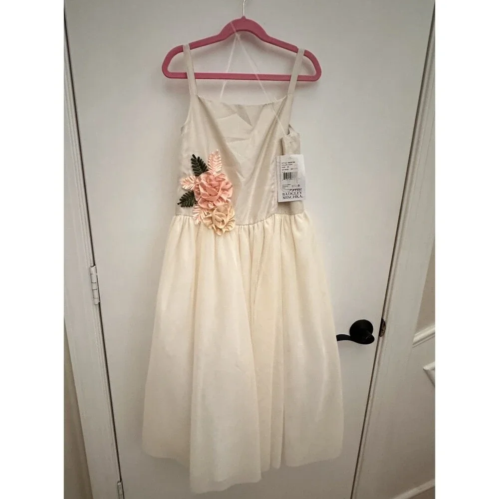 Belle Badgley Mischka Dress 16 Girls Ivory Satin Floral Accent Lined